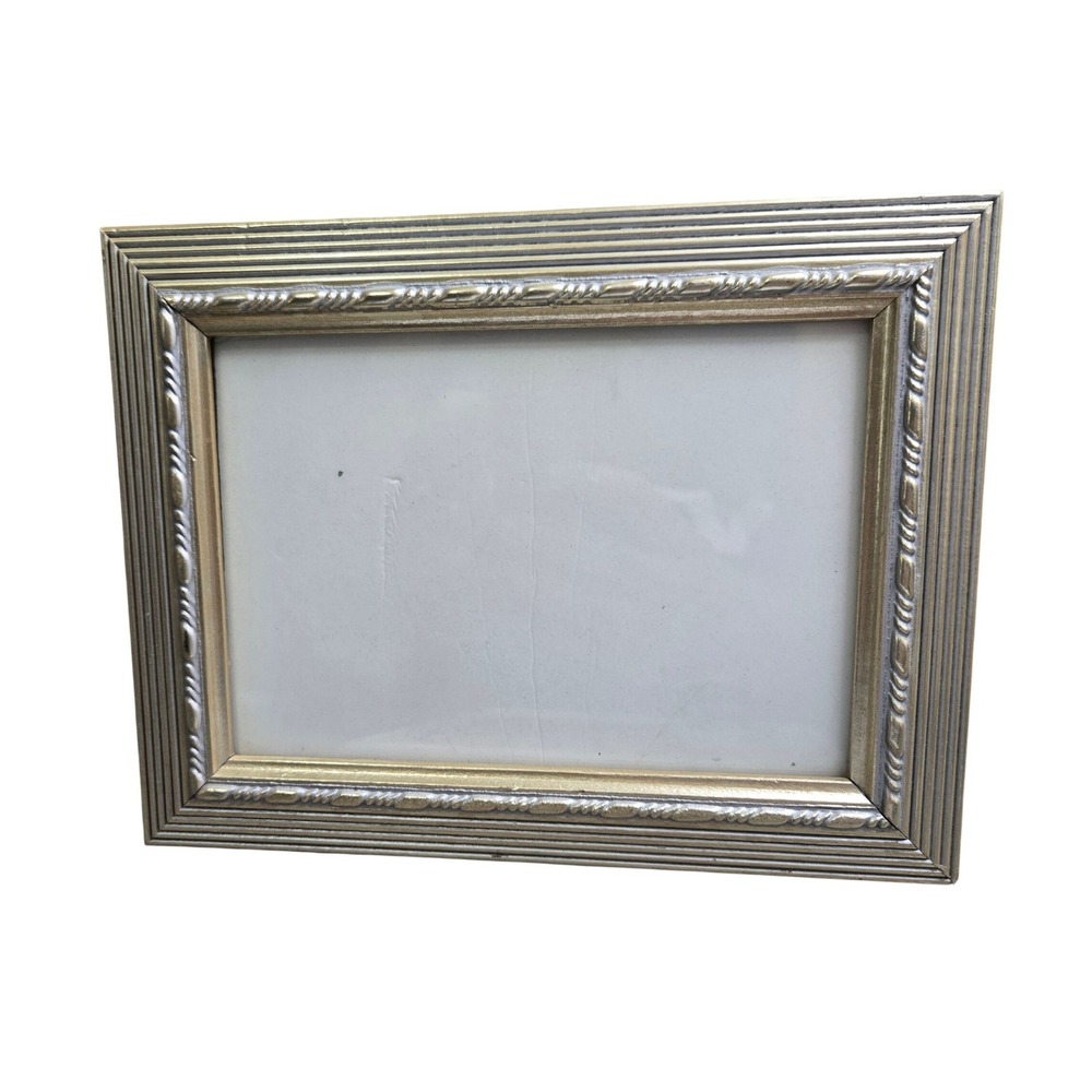 Vintage Gold Silver Tone Ribbed Beaded Edge Metallic Picture Frame 6.5x4.5"